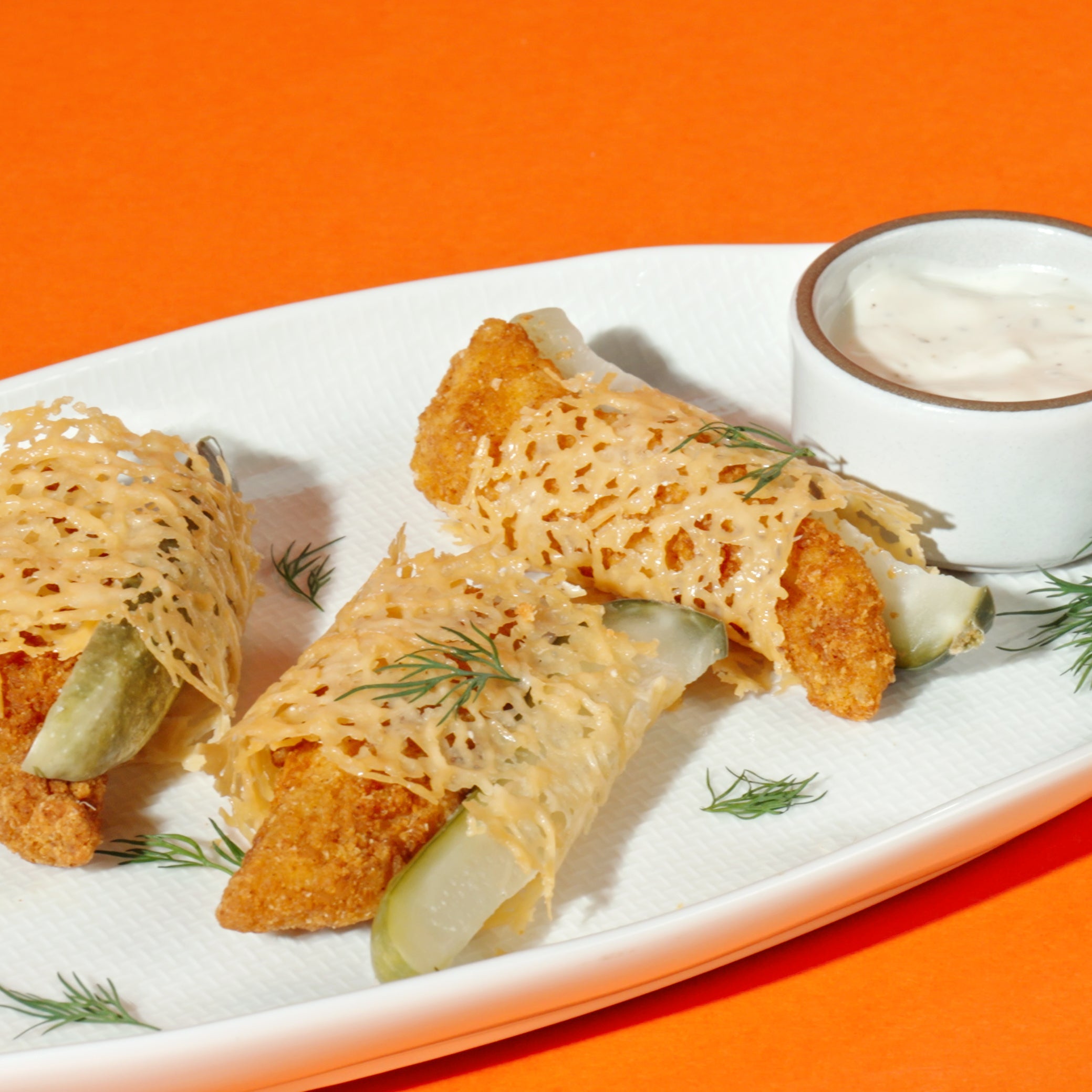 Crispy Chicken Pickle Wraps with Parmesan Shells