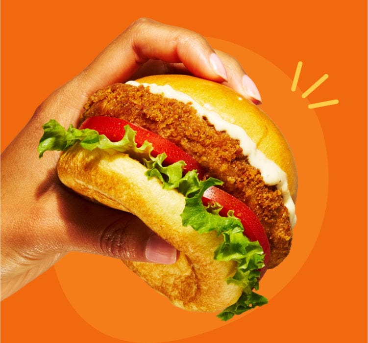 Hand holding chicken fillet sandwich