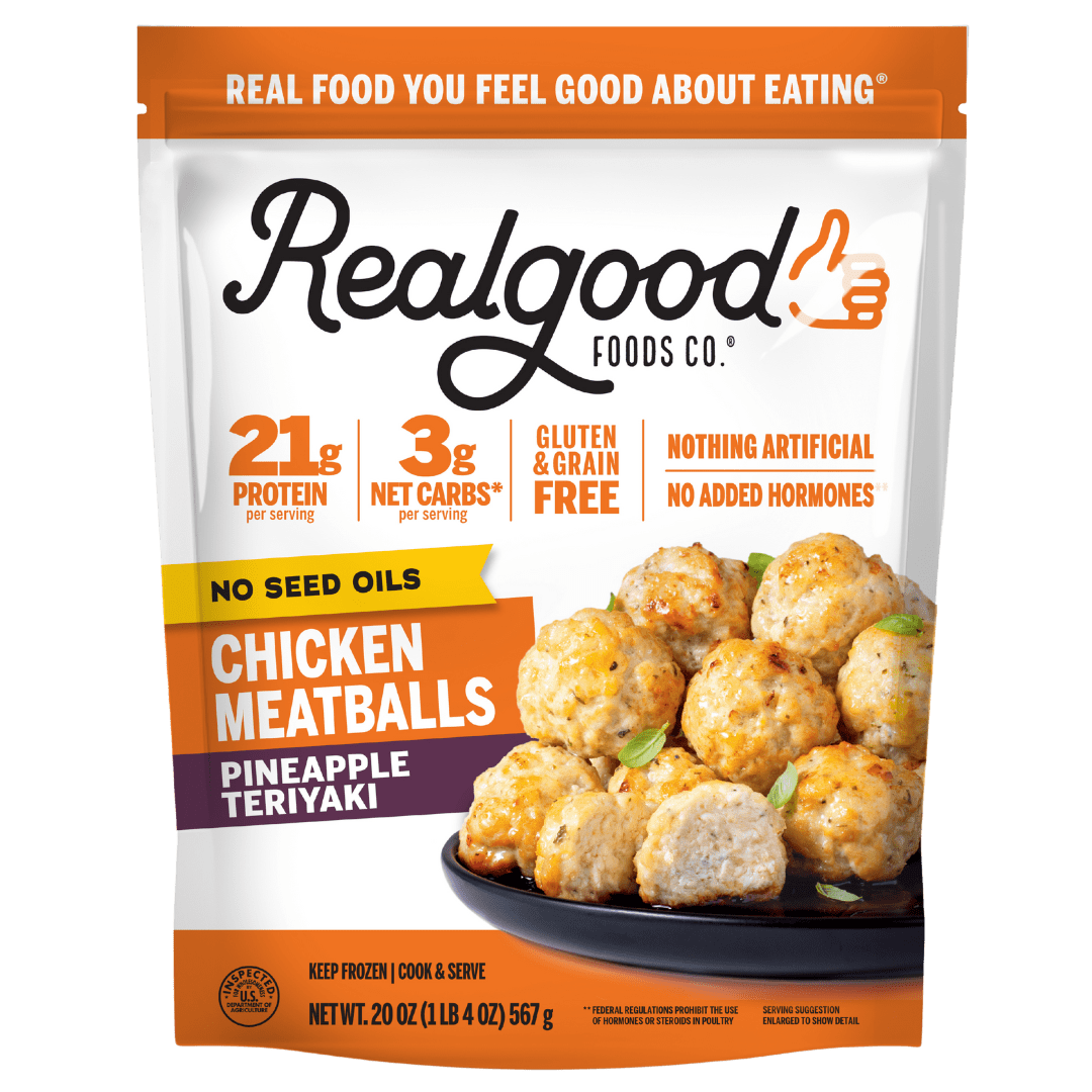 Bag of real good foods pineapple teriyaki chicken meatballs